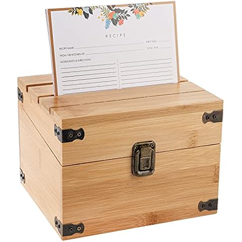 YOUEON Kitchen Recipe Box with 3 Card Grooves and 100 Recipe Cards 4"x6" Recipe Holder Card Box Rustic Wood Recipe Holder Square Card Box Gift for Cooking Kitchen Wedding Bridal Mom Wife 7.1x6.5x5.3in Cover