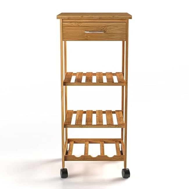 HOMES: Inside + Out Lexa Contemporary Bamboo Kitchen Cart, Storage Trolley with Drawer, 2 Shelves and Wine Rack, for Kitchen, Dinning Room, Bathroom, and Restaurant, Natural-D9f04RiH