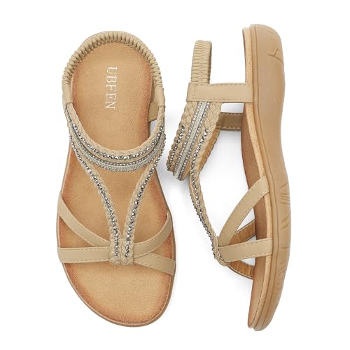 Image of UBFEN Womens Bohemian Flat Sandals With Back Strap Summer Beach Comfortable Bling