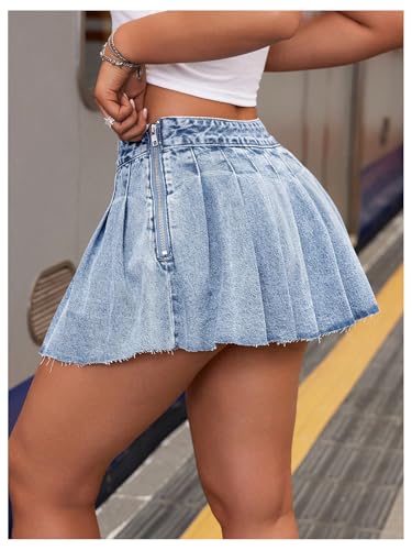 MakeMeChic Women's Pleated Denim Skirt Low Waist Raw Hem A Line Zipper Mini Jean Skirt2