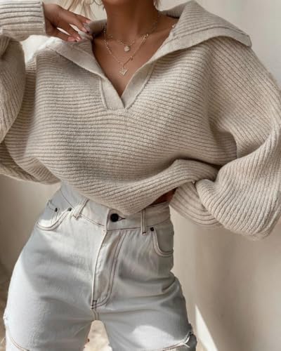 Women V Neck Oversize Knitted Sweater Ribbed Puff Sleeve Casual Loose Sweaters Winter Solid Pullover Top Jumpers2