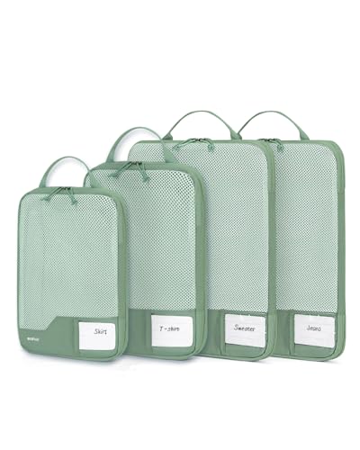 ECOHUB Compresión Organizadores para Maletas, 4 Piezas Bolsas de Viaje Recicladas para Mochila con Etiqueta, Organizador Resistente a Desgarros para Equipaje de Mano, Verde
