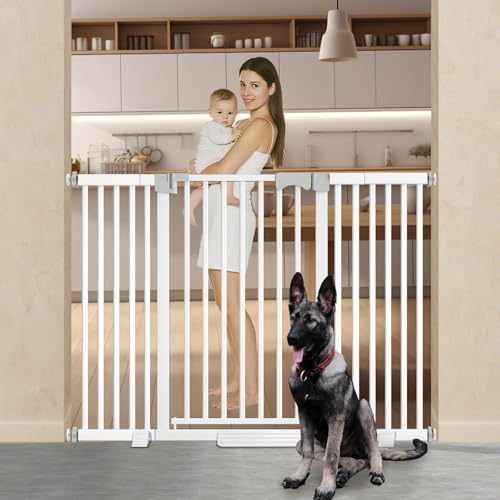 Amibud 41'' Extra Tall Pet Gate for Large Dogs 54.7-63.0'' Wide Indoor No Jumping Over, Heavy Duty Puppy Baby Gate for Doorways, Pressure Mounted Metal Gate for Child Toddler (White)