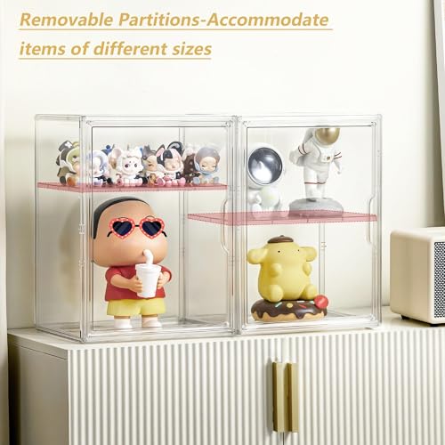 Image of Large Clear Acrylic Figure Display Case for Collectibles 2 Pack | Movable Divider, Magnetic Door, Easy to Clean, Dustproof, 2-Tier, Easy Assemble, Adjustable Storage