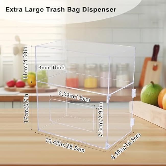 mwellewm Trash Bag Dispenser 2 in 1 Extra Large Acrylic Garbage Bag Roll Holder Under Sink Organizer Plastic Bag Storage Box with Lid Kitchen Inside Trash Can Grocery Bag (10.4 x 6.5 x 11.4 inches)