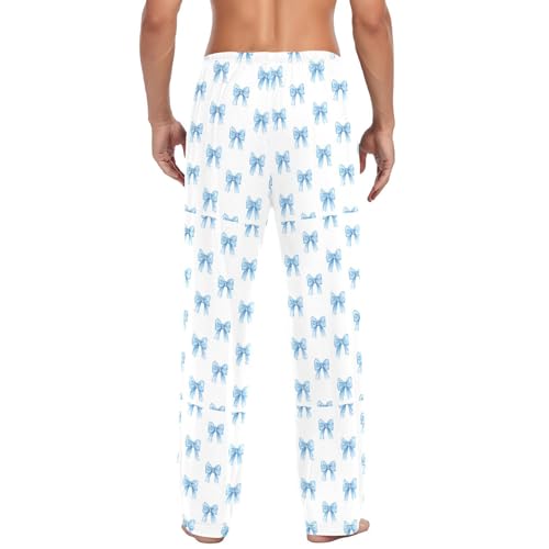 Men's Watercolor Blue Bows Pajama Pants with Pockets - Straight Fit Cotton Sleep Bottoms for Lounge & Nightwear#4993