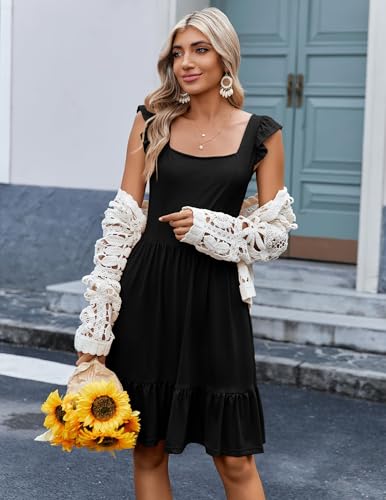 Zeagoo Sundress Womens Summer Dress Boho Mini Dress Ruffle Sleeve Floral Square Neck Sundress with Pockets Black M - Image 3