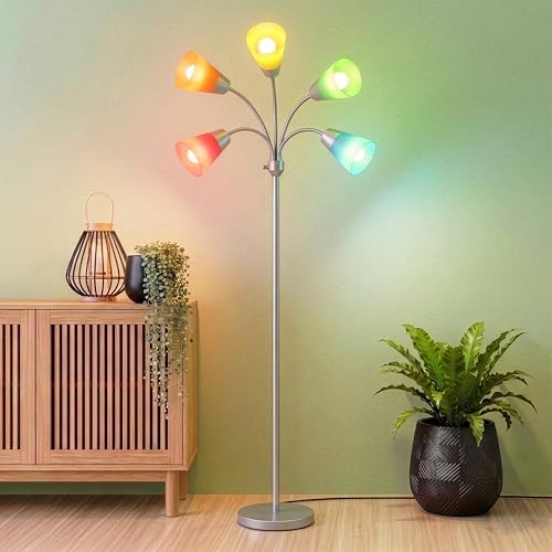 Brightech Medusa Moderne LED-Stehlampe – Moderne Steh-Leselampe mit mehreren Köpfen, Kinderzimmer – Inklusive 5 LED-Birnen und 5 weißen austauschbaren Schirmen – Silber