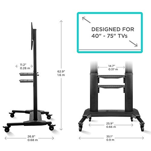 ONKRON Universal Mobile TV Stand with Shelves TV Cart on Wheels for 40” – 75 Inch Flat Panel Curved LCD LED OLED Screens up to 100 lbs TS27-71 (Black)