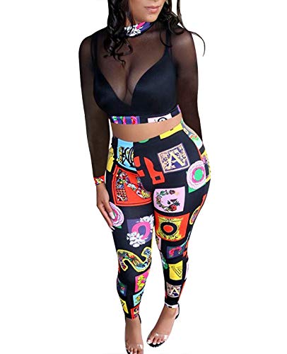 Rela Bota Women's 2 Piece Outfits Mesh Crop Top High Waist Long Pants Clubwear Set Long Sleeve Black M