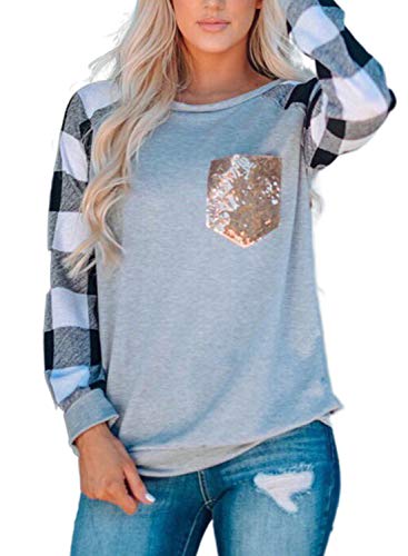 Bdcoco Women's Plaid Print Long Sleeve Sequins Pocket Blouse Tops Casual Sweatshirt
