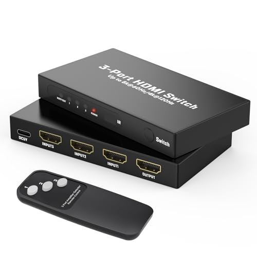 Ticenpe HDMI 2.1 Switch 8K@60Hz 4K@120Hz HDMI Splitter 3 In 1 Out Unterstützt VRR & ALLM D-olby Vision, hdmi Umschalter Kompatibel mit PS5/4, Xbox, Apple TV, Skybox, Blu-Ray, HDTV, Monitor