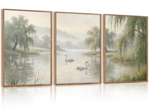 Image of ANHUIB Set of 3 Framed Canvas Wall Art Swan Canvas Prints Willow Tree Landscape Artwork Neutral Landscape Picture Vintage Misty Lake Picture Framed for Living Room Bedroom Hallway Home Decor 30×40cm