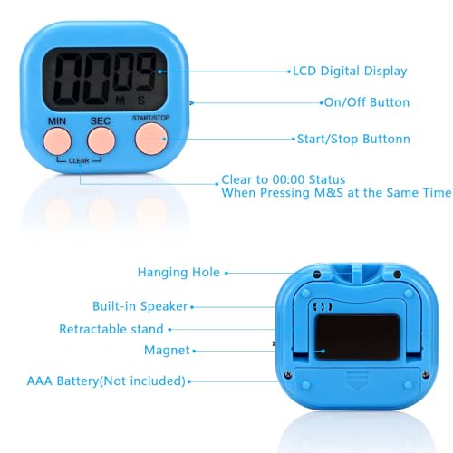 Kasanni 4 StüCk KüChentimer Digital Eieruhr Digital Stoppuhr Kinder, Magnetisch Kurzzeitwecker Stoppuhr Digital, Mit Klappbarem StäNder Und Display, Geeignet Zum Kochen, Backen, Sport, Lernen 3