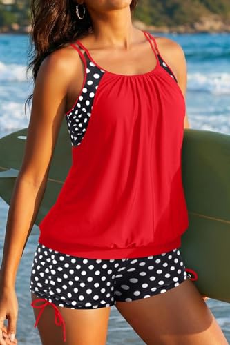 Image of Holipick Tankini Swimsuits Two Piece Tummy Control Bathing Suits Blouson Swim Tank Top with Boy Shorts