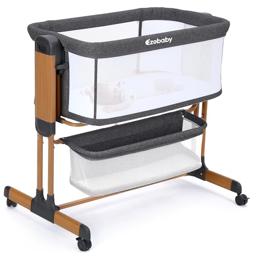 Image of Ezebaby 3-in-1 Baby Bassinet, Rocking Baby Bassinets Bedside Sleeper, Adjustable Portable Crib for Newborn Infant with Wheels Storage Basket and Mesh Sides