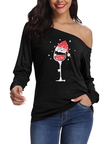Festive Christmas Tees Women Off Shoulder Long Sleeve 7 christmas tees - black wine glass