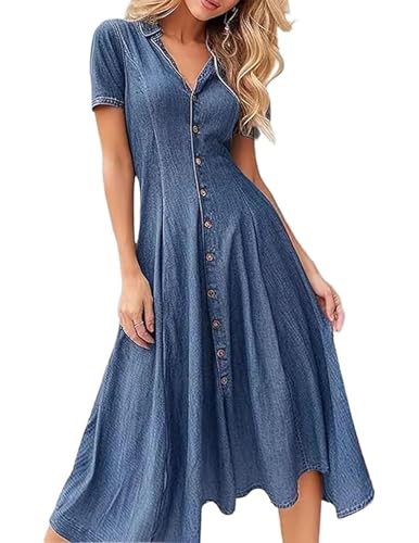 Women Tunika Jean Maxi Kleid Kurzarm -Knopf Kleid Jean Kleider (blau XXL)