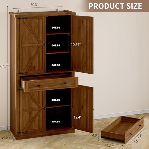 Image of BORNOON Pantry Organizers and Storage Cabinet, 67.71 inch Barn Door White Kitchen Cabinet with Drawers and Adjustable Shelf, Tall Pantry for Kitchen, Dining Room, Living Room