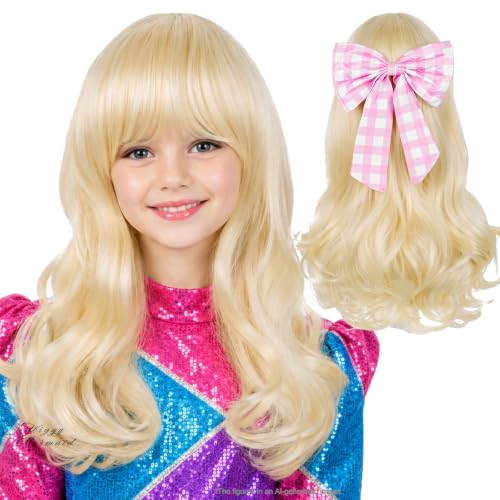 Blonde Wig with Pink-bow Hair Clip, 22.8 Inch Long Blonde Wavy Princess Wig