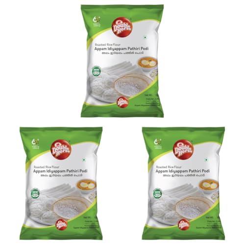 Image of Double Horse Traditional Appam /Idiyappam /Pathiri Rice Flour, 1kg| Roasted| Sortex |Aripodi| Pathiri| Noolappam| Vellappam| ilayada (Pack of 3)