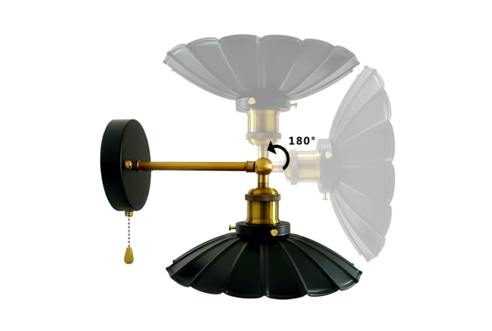 Image of Industrial Black Wall Sconce Light, Vintage 1-Light Switch Farmhouse Wall Lamp, Pull Chain Wall Sconce Lighting for Bedroom Bathroom Kitchen Hallway Living Room (Black + Gold)