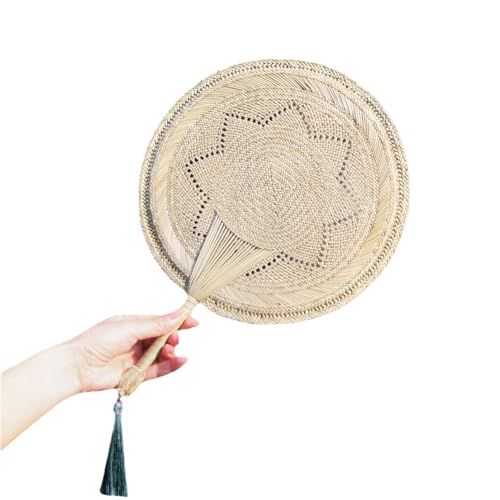 KIEHUAガマの葉で編んだ夏の草の扇子、昔ながらの古代の丸い扇子、中国風の手回し式の尾根草扇子