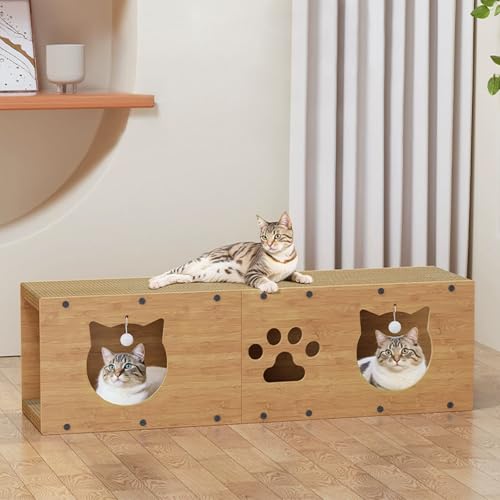 Cat Scratching Pads, Multi-Purpose Tunnel, Cat Scratching Board House, Tunnel Scratcher with Toy Hanging Ball, Interactive Peephole and Removable Replacement Corrugated Core