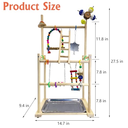 Image of Hamiledyi Natural Wood Bird Playground - Large 3-Tier Perch Stand with Exercise Platforms Durable Activity Gym for Parrots, Cockatiels and Small Birds Bird Stand with Ladders and Swings