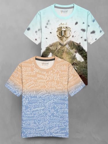Image of HELLCAT Trendy Front & Back Graphic Printed Cotton Blend Half Sleeve Premium Round Neck Tshirt for Boys - Pack of 2