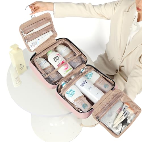 Image of NISHEL Travel Toiletry Bag for women, Portable Hanging Organizer for Family-Sized Shampoo, Conditioner, Brushes Set, Makeup Accessories, Extra Large Size, Pink