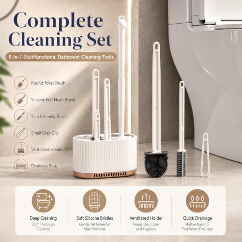 Image of 4-in-1 Silicone Toilet Brush & Holder Set - Deep Cleaning Toilet Bowl Brush with Crevice Cleaner, Wall-Mount & Floor Use | Quick-Dry Holder, Hygienic Bathroom Cleaning Tool (White)