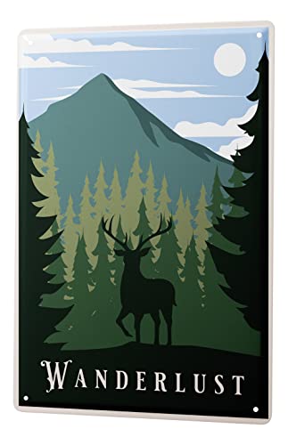 Blechschild Retro - Vintage Metall-Poster für Weltenbummler - Wanderlust Berge Hirsch Motiv - 30 x 40 cm
