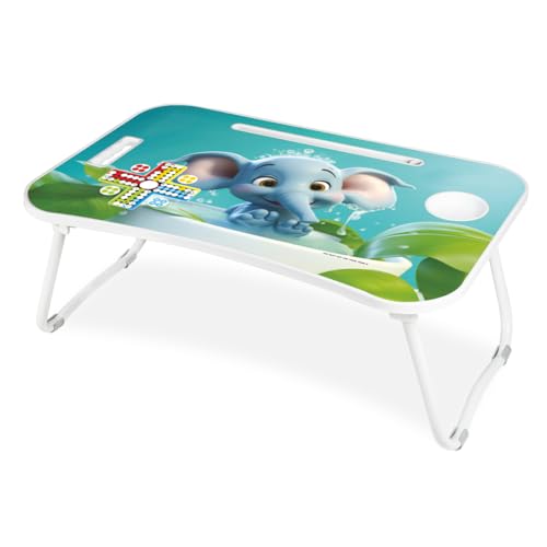 Image of Amazon Brand - Jam & Honey Foldable Laptop Table for Kids 4+ Years, Portable Study Bed Desk with Cup Holder, Tablet Stand & Ludo Game, Cute Elephant Design, BIS Certified Safe