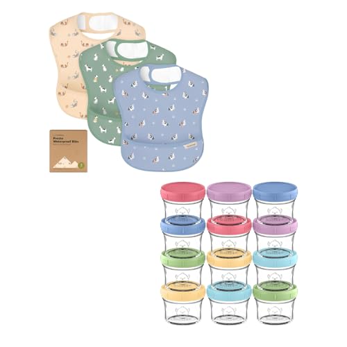 KeaBabies 3-Pack Waterproof Baby Bibs for Eating and 12-Pack Baby Food Containers - Lightweight Toddler Bibs with Food Catcher - 4 oz Leak-Proof, Microwavable, Infant Snack Storage Container