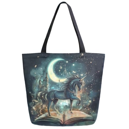 Fairy Tale Book Unicorn Castle Extra Large Canvas Gym Shoulder Tote,Durable Reusable Daily Top Handle Bag for Mens Womens Yoga Weekender Picnic Beach Travel Market Shopping