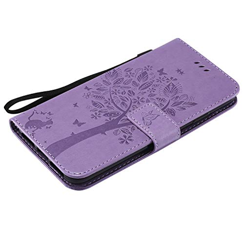 Iphone Xr Case,Iphone Xr Wallet Case,Iphone Xr Flip Case Pu Leather Emboss Tree Cat Flowers Folio Magnetic Kickstand Cover With Card Slots For Apple Iphone Xr (6.1 Inch) 2018 Release, Light Purple #TOP4