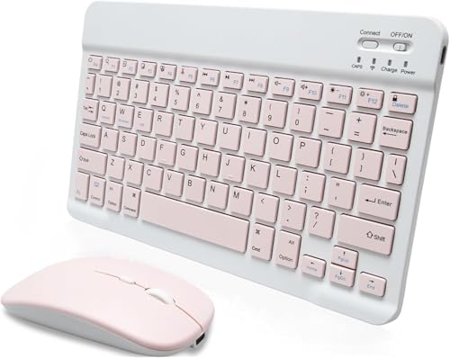 Bluetooth Pink Keyboard and Mouse Set for iPad Tablet Laptops Rechargeable Wireless Universal Ultra Slim Mute Tablet Portable Travel Office Computer Keyboard for iOS Android Windows UK Layout
