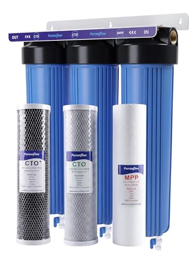 Purcooflow 3-Stage Whole House Water Filter System, PFAS Reduction, 20x4.5 Inch, Includes PP, CTO & PFAS Carbon Block, 1' NPT Brass Ports, Drain Valves, Wrench & Install Kit