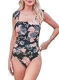Hilinker Women's Ruffle Strap One Piece Swimsuits Tropical Print Tummy Control Bathing Suits Black F