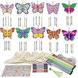 Juego de 10 carillones de viento con diseño de mariposa, juego de manualidades para niños, con 12 bolígrafos, mariposas, manualidades, madera, manualidades, decoración para cumpleaños, primavera, niña