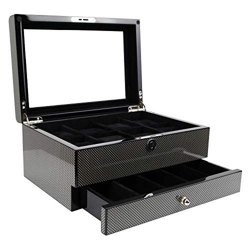 Decorebay Premium Collection Carbon Fiber Pattern Watch & Cufflink Jewelry Box Case Gift