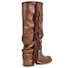 KISTANIA Riding Boots for Women Brown Knee High Moto Boots with Fringe Western Square Toe Chunky Block Heel Pull-On Leather Fashion Buckle Strap Fold-Over Booties Size 10