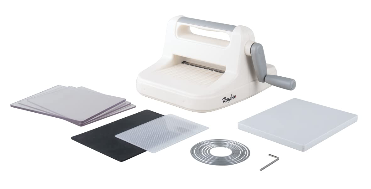 Rayher Stanz-und Prägemaschine A5, mit verschiedenen Stanzplatten und Prägeschablonen, Starter Kit, Öffnung 15,8 cm, 15-tlg., flexibel durch handliche Größe, in praktischer Tragebox, 50272000