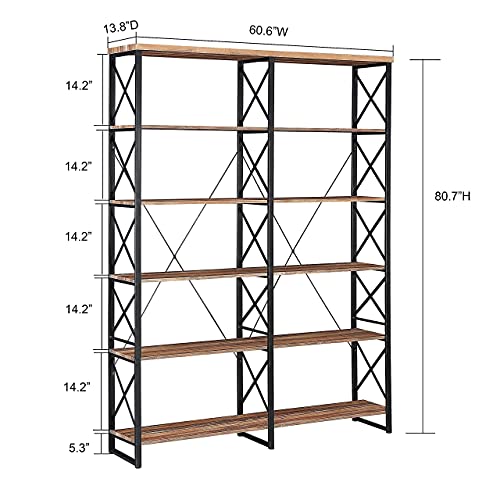 Homyshopy Double Wide 6-Tier Bookshelf 80.7” H, Industrial Display Shelves With Metal Frame, Large Bookcase For Living Room, Study And Library (Vintage Brown) #TOP4