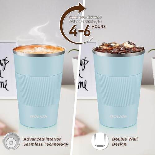 Aolieh Travel Mug 380 ml, Insulated Coffee Cup with Lid, Reusable Stainless Steel Thermal Cup for Coffee Tea & Cold Drinks - Image 4