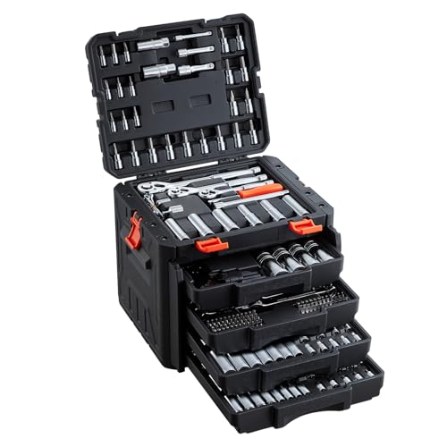 Image of VEVOR Mechanics Tool Set, 297-Piece Mechanic Tool Kit, 1 /4 in, 3 /8 in, and 1 /2 in Drive, SAE and Metric Socket Set, Wrenches, Screwdriver Bits, Accessories, and Storage Case, for Automotive Repair