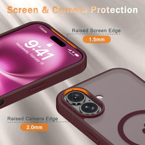 Image of YENAPOON for iPhone 16 Plus Case, Matte Magnetic Phone Cover [with 1 Screen Protector] [Support for MagSafe] [Shockproof Military Grade Protection] Translucent Frosted Back, Wine Red