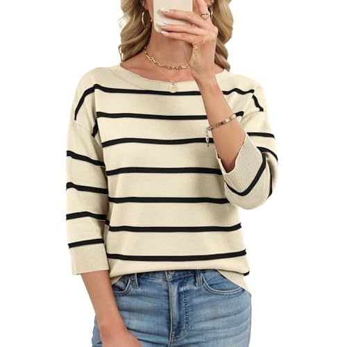 LOMON Women's Soft Comfy Knit Pullover Sweater Striped Boat Neck Spring Dressy Casual Sweater Tops 2026 Apricot-black Stripes Medium