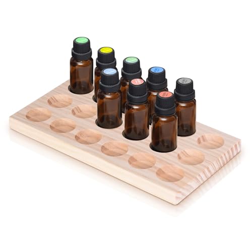 Domisyee Soporte de almacenamiento de aceites esenciales hecho a mano de pino – 18 agujeros aromaterapia aceites titular multifunción organizador para esmalte de uñas, aceites aromáticos, lápiz labial